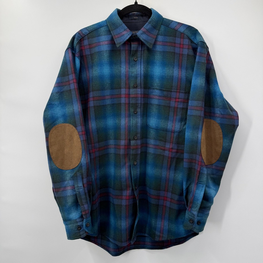 Pendleton Mens Size Medium Trail Shirt Blue Plaid Wool Elbow Patches Button Down